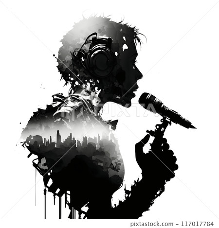 Black silhouette of a singer on white background. 117017784