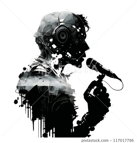 Black silhouette of a singer on white background. 117017786