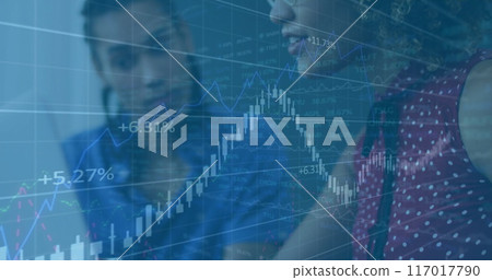 Financial data and stock market analysis image over person using laptop 117017790