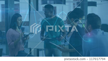 Business team discussing project with data visualization image over them 117017794