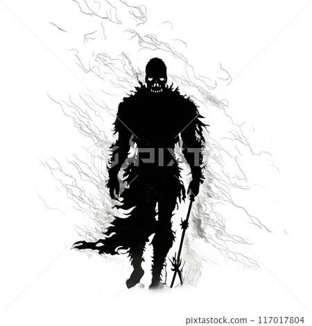 Black silhouette of a warrior on dark background. Black silhouette of a warrior on dark background. 117017804