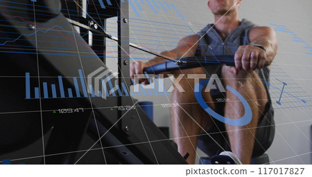Fitness data analytics image over man using rowing machine 117017827