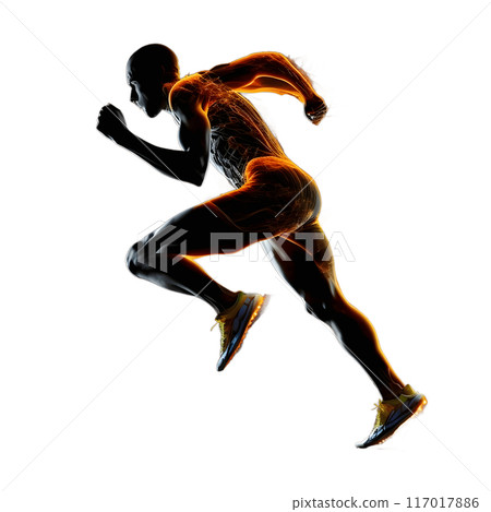 Black silhouette of a body on the move on dark background. Black silhouette of a body on the move on dark background. 117017886