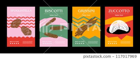 Italian food set vector illustration. Engraved sfogliatella, biscotti, grissini, zuccotto, bundle of traditional dishes, homemade and restaurant dinner dishes and sauces cooking in cuisine of Italy Italian food set vector illustration. Engraved sfogliatella, biscotti, grissini, zuccotto, bundle of traditional dishes, homemade and restaurant dinner dishes and sauces cooking in cuisine of Italy 117017969