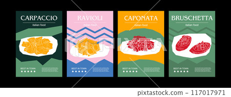 Italian food set vector illustration. Engraved carpaccio, ravioli, caponata, bruschetta, bundle of traditional dishes, homemade and restaurant dinner dishes and sauces cooking in cuisine of Italy 117017971