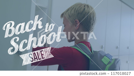 Image of back to school text over happy caucasian schoolboy at school Image of back to school text over happy caucasian schoolboy at school 117018027