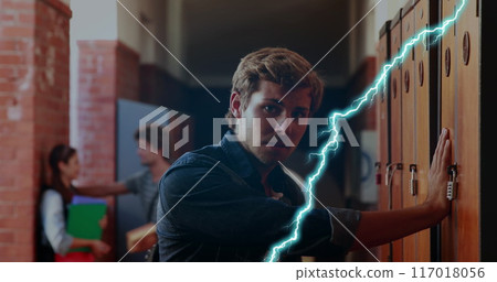 Image of lightnings over caucasian male student at school 117018056