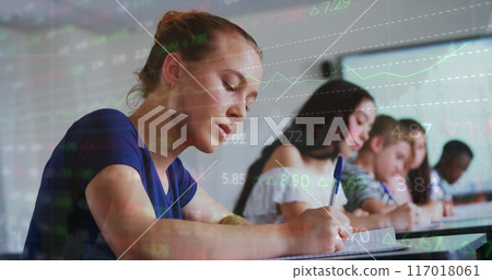 Image of graph over smiling caucasian girl and class of diverse pupils at school 117018061