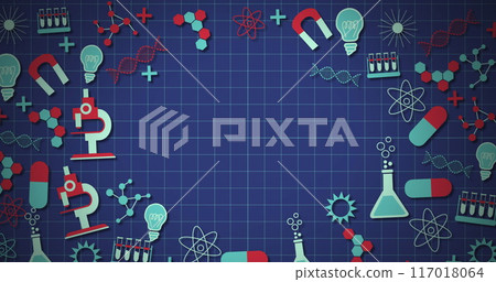 Image of multiple science concept icons against copy space on blue background 117018064