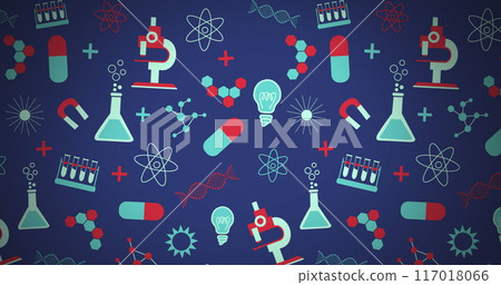 Image of multiple science concept icons against copy space on blue background Image of multiple science concept icons against copy space on blue background 117018066