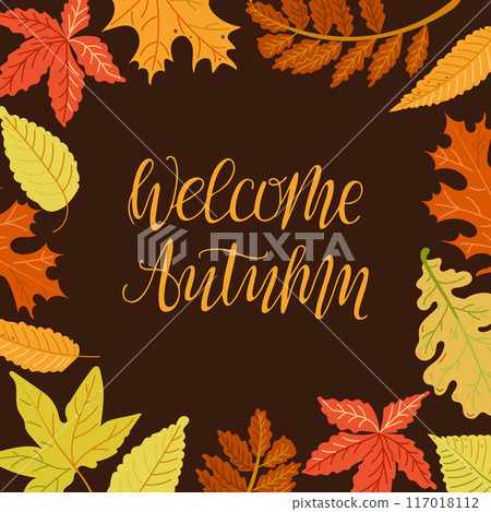 Autumn square contrast banner with colored leaves Autumn square contrast banner with colored leaves 117018112
