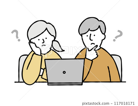 Vector illustration of a couple thinking at a computer Vector illustration of a couple thinking at a computer 117018171