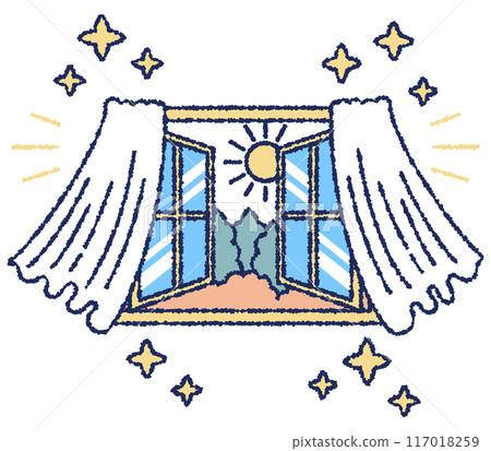 Color illustration of a view through an open window Color illustration of a view through an open window 117018259
