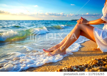 Women's beautiful legs on the seashore on a summer day 117018265