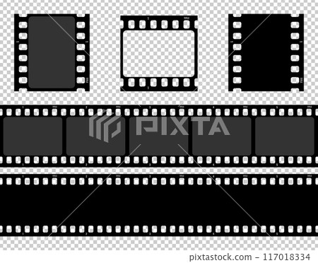Realistic movie film strip set on transparent background. Film strip template. Cinema and filmmaking concept. Vector illustration 117018334