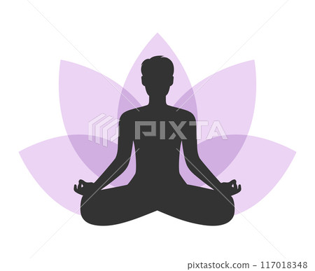 Abstract meditating man silhouette on lotus flower background. Male sitting in lotus position. Vector illustration Abstract meditating man silhouette on lotus flower background. Male sitting in lotus position. Vector illustration 117018348