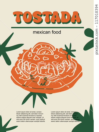 Mexican food set vector illustration. Engraved tostada bundle of traditional dishes, homemade and restaurant dinner dishes and sauces cooking in cuisine of Mexico Mexican food set vector illustration. Engraved tostada bundle of traditional dishes, homemade and restaurant dinner dishes and sauces cooking in cuisine of Mexico 117018394