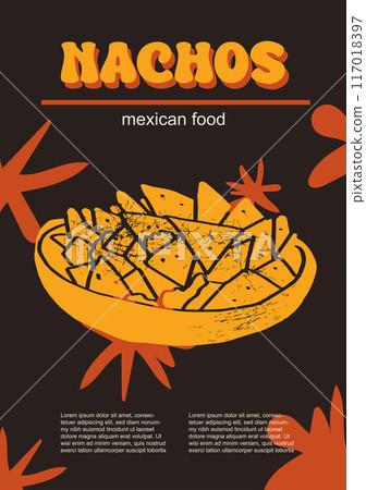 Mexican food set vector illustration. Engraved nachos bundle of traditional dishes, homemade and restaurant dinner dishes and sauces cooking in cuisine of Mexico 117018397