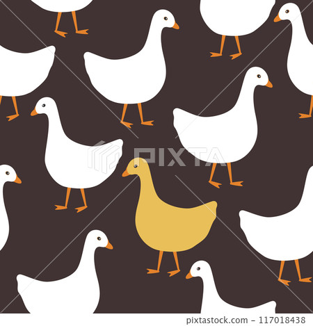 Funny seamless pattern with white and yellow ducks or geese. Vector illustration on brown background Funny seamless pattern with white and yellow ducks or geese. Vector illustration on brown background 117018438