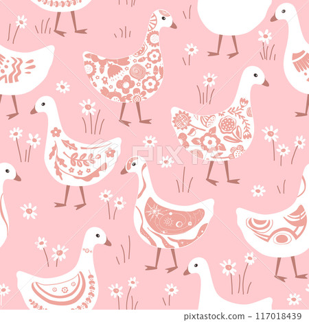 Cute geese or ducks with various patterns on their plumage walking in the grass. Pink palette. Nursery meadow seamless pattern 117018439