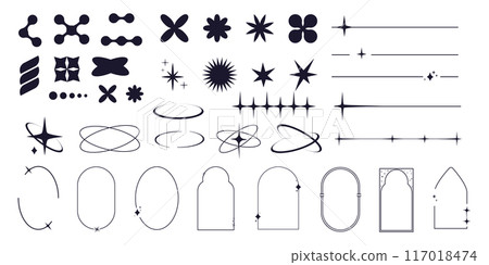 Set of y2k minimal geometric shapes thin line rings, abstract aesthetic element illustrated for banners, social media, poster design, sticker. Trendy design with frame, sparkles, star, lines Set of y2k minimal geometric shapes thin line rings, abstract aesthetic element illustrated for banners, social media, poster design, sticker. Trendy design with frame, sparkles, star, lines 117018474