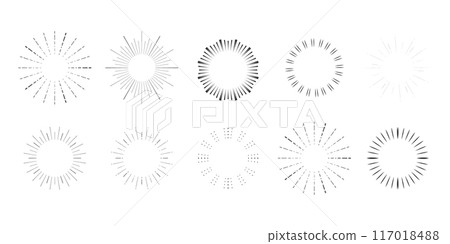 Set Fireworks, rays, sunburst frames circle border decoration, sparkle in doodle style, line sketch explosion isolated on white background. 117018488