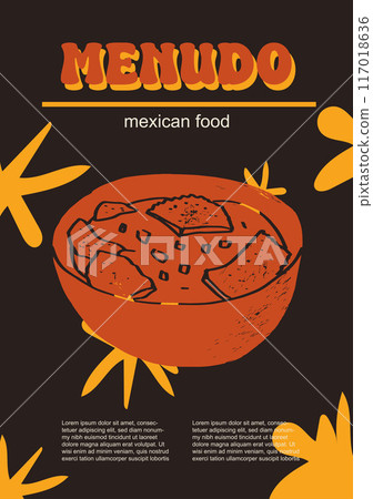 Mexican food set vector illustration. Engraved menudo, bundle of traditional dishes, homemade and restaurant dinner dishes and sauces cooking in cuisine of Mexico 117018636