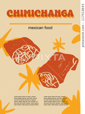 Mexican food set vector illustration. Engraved chimichanga bundle of traditional dishes, homemade and restaurant dinner dishes and sauces cooking in cuisine of Mexico Mexican food set vector illustration. Engraved chimichanga bundle of traditional dishes, homemade and restaurant dinner dishes and sauces cooking in cuisine of Mexico 117018643