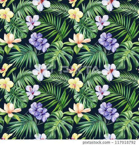 Hawaiian seamless pattern. Tropical palm leaves, flowers exotic floral background, watercolor botanical illustration 117018792