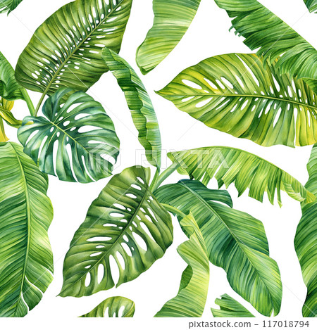 Tropical pattern, Summer watercolor palm leaves. Green pattern for wallpaper textile fabric design. Floral hand drawn  117018794