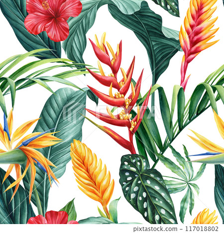 Hawaiian seamless pattern. Tropical palm leaves, strelitzia flowers exotic background, watercolor botanical illustration 117018802