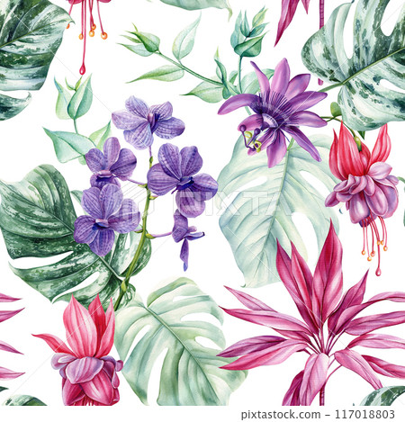 flora seamless pattern Tropical palm leaves flowers exotic floral background, watercolor orchid, passionflower, monstera 117018803