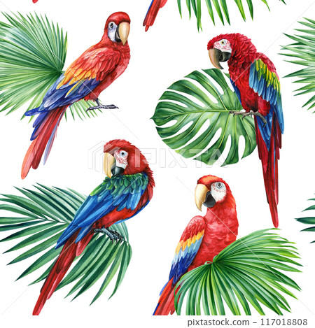 Red Macaw, Seamless Pattern watercolor tropical palm leaves, parrots birds isolated floral background, Tropic Patterns Red Macaw, Seamless Pattern watercolor tropical palm leaves, parrots birds isolated floral background, Tropic Patterns 117018808