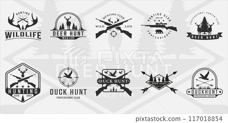 set of hunting logo vintage vector illustration template icon graphic design.bundle collection of various deer bear and duck hunt sign or symbol for hunter with retro badge and typography set of hunting logo vintage vector illustration template icon graphic design.bundle collection of various deer bear and duck hunt sign or symbol for hunter with retro badge and typography 117018854