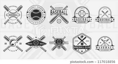 set of baseball logo vintage vector illustration template icon graphic design. bundle collection of various sport sign or symbol for business club with retro badge and typography set of baseball logo vintage vector illustration template icon graphic design. bundle collection of various sport sign or symbol for business club with retro badge and typography 117018856