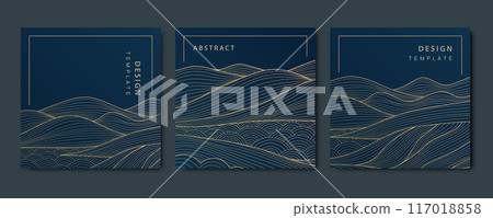 Vector set of japanese style gold line landscapes with mountains and water. Luxury abstract nature posters, cards, tags. Traditional vintage illustrations 117018858