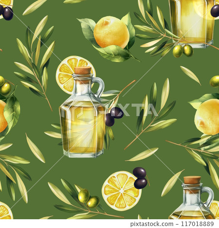 Pattern with lemons and olives. Seamless pattern with olive branches and ripe lemons for wrapping paper or textiles. 117018889