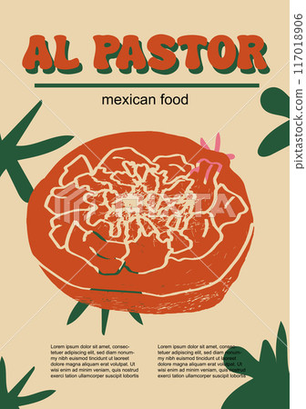 Mexican food set vector illustration. Engraved al pastor bundle of traditional dishes, homemade and restaurant dinner dishes and sauces cooking in cuisine of Mexico Mexican food set vector illustration. Engraved al pastor bundle of traditional dishes, homemade and restaurant dinner dishes and sauces cooking in cuisine of Mexico 117018906