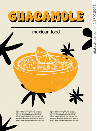 Mexican food set vector illustration. Engraved guacamole, bundle of traditional dishes, homemade and restaurant dinner dishes and sauces cooking in cuisine of Mexico 117018908