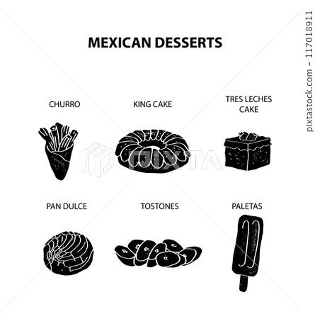 Colorful illustrations of traditional mexican desserts and other sweet meals. Churro, king, tres leches, three, milk, pan, dulce, tostones, fried, bananas, paleta, paletas. 117018911