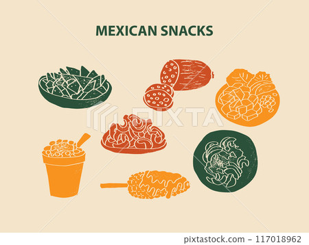 Mexican food set vector illustration. Engraved snacks bundle of traditional dishes, homemade and restaurant dinner dishes and sauces cooking in cuisine of Mexico Mexican food set vector illustration. Engraved snacks bundle of traditional dishes, homemade and restaurant dinner dishes and sauces cooking in cuisine of Mexico 117018962