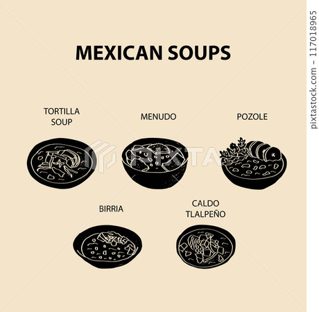 Mexican food set vector illustration. Engraved soups, bundle of traditional dishes, homemade and restaurant dinner dishes and sauces cooking in cuisine of Mexico Mexican food set vector illustration. Engraved soups, bundle of traditional dishes, homemade and restaurant dinner dishes and sauces cooking in cuisine of Mexico 117018965