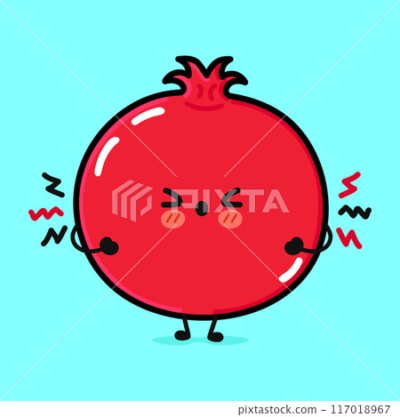 Angry Pomegranate fruit character. Vector hand drawn cartoon kawaii character illustration icon. Isolated on blue background. Sad Pomegranate fruit character concept 117018967