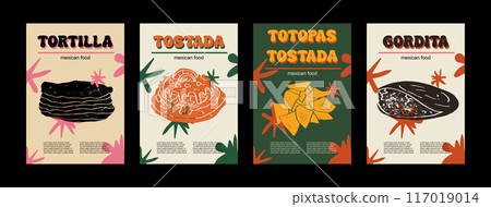 Mexican food set vector illustration. Engraved tortilla, tostada, Totopas tostada, Gordita bundle of traditional dishes, homemade and restaurant dinner dishes and sauces cooking in cuisine of Mexico Mexican food set vector illustration. Engraved tortilla, tostada, Totopas tostada, Gordita bundle of traditional dishes, homemade and restaurant dinner dishes and sauces cooking in cuisine of Mexico 117019014
