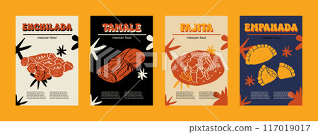 Mexican food set vector illustration. Engraved tamale, fajita, enchilada, empanada bundle of traditional dishes, homemade and restaurant dinner dishes and sauces cooking in cuisine of Mexico Mexican food set vector illustration. Engraved tamale, fajita, enchilada, empanada bundle of traditional dishes, homemade and restaurant dinner dishes and sauces cooking in cuisine of Mexico 117019017