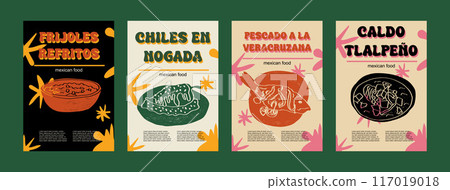 Mexican food set vector illustration. Engraved frijoles refritos, chiles en nogada, pescado a la veracruzana, clad tlalpeno bundle of traditional dishes, dinner cooking in cuisine of Mexico Mexican food set vector illustration. Engraved frijoles refritos, chiles en nogada, pescado a la veracruzana, clad tlalpeno bundle of traditional dishes, dinner cooking in cuisine of Mexico 117019018