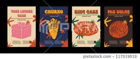 Mexican food set vector illustration. Engraved tres leches cake, king cake, churro, pan dulce bundle of traditional dishes, homemade and restaurant dinner dish and sauces cooking in cuisine of Mexico 117019019