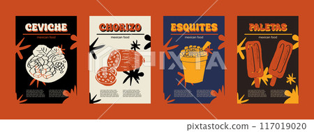 Mexican food set vector illustration. Engraved ceviche, chorizo, esquites, paletas, bundle of traditional dishes, homemade and restaurant dinner dishes and sauces cooking in cuisine of Mexico 117019020