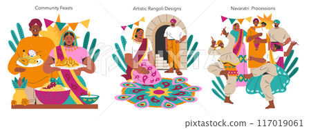 Navaratri set. Hindu festival celebration with community feasts, rangoli art, and colorful processions. Indian culture and tradition showcased in joyous events. Vector illustration. 117019061