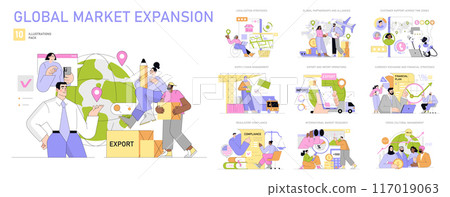 Global Market Expansion set. Exploring international business growth strategies. Global partnerships, trade routes, and customer support. Vector illustration. 117019063